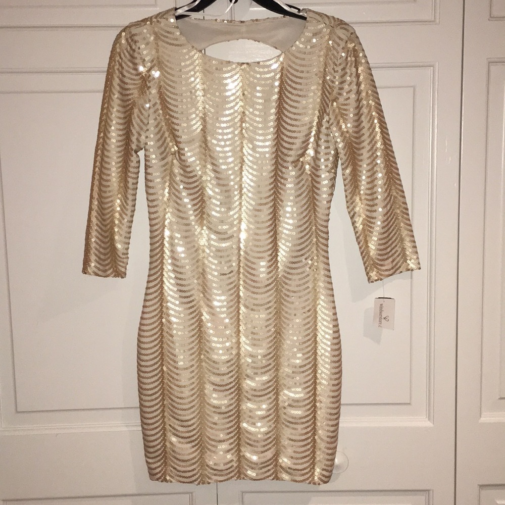 Cream and gold sequin mini cocktail dress